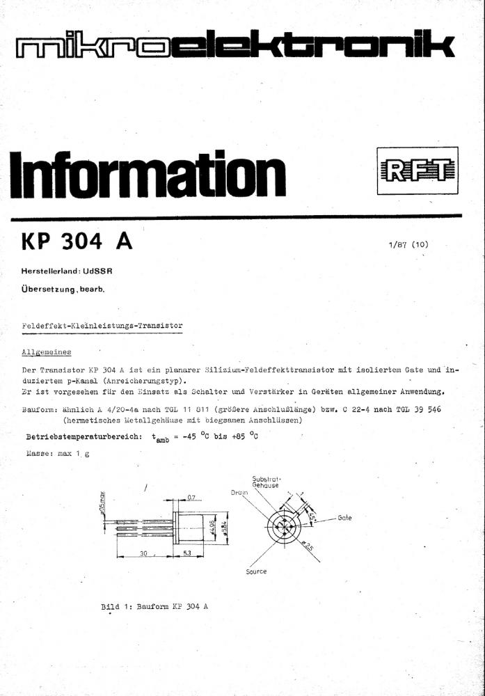 KP 304 A (КП304A), p-Kanal FET, 30V, 30mA, 200mW