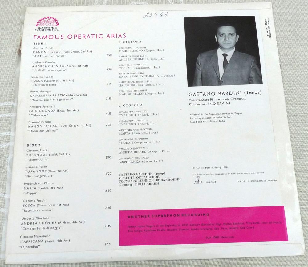 Supraphon, 10917, Gaetano Bardini (Tenor) singt klassische Stücke, CSSR 1968