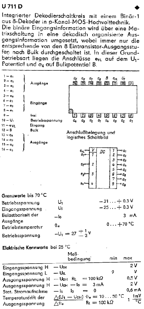 U 711 D (Hochvolt-MOS), 1-aus-8 Dekoder   (M)
